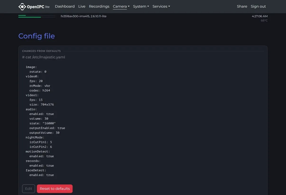 Camera - Config file page of the OpenIPC web interface