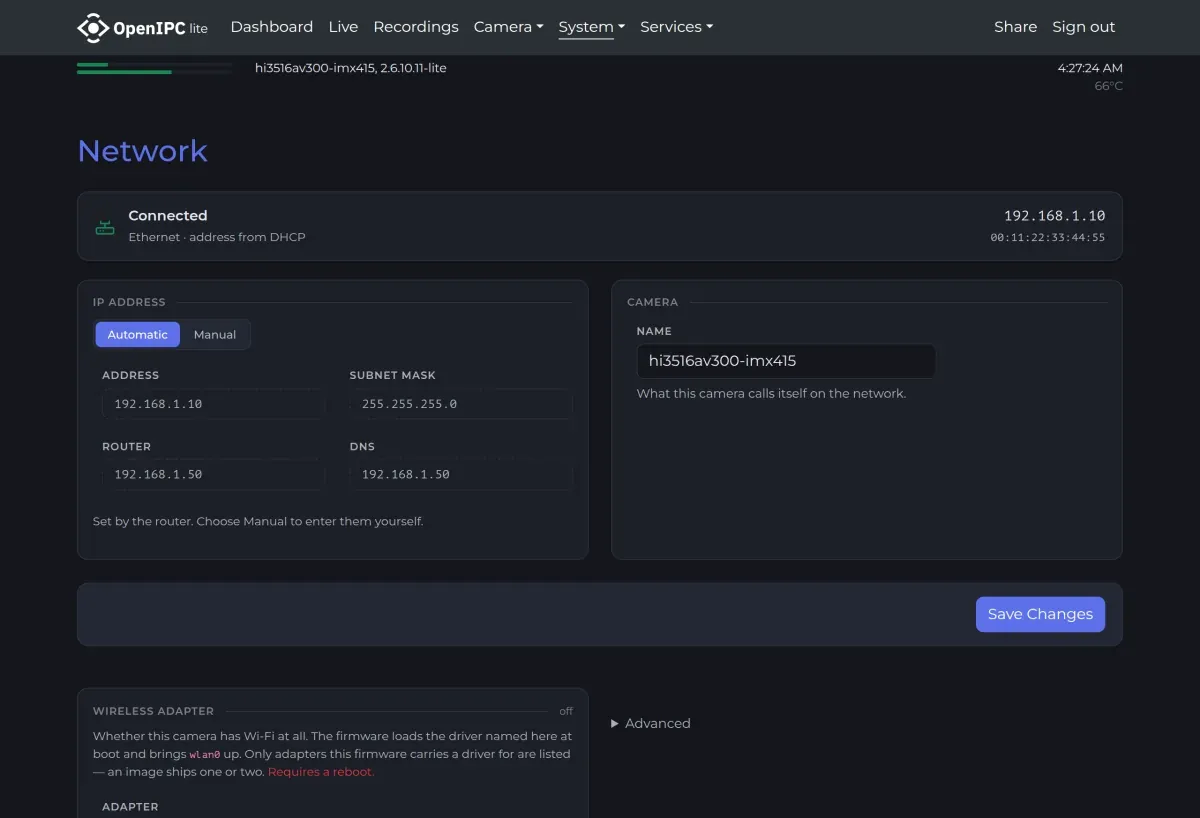 System - Network page of the OpenIPC web interface