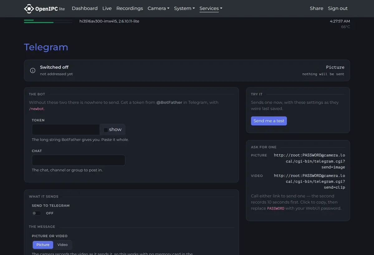 Services - Telegram page of the OpenIPC web interface